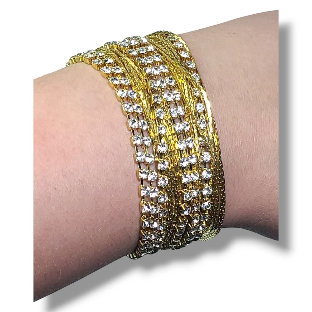 Vintage Glam Gold Tone Rhinestone Multi Chain Wide Cuff Bracelet 7.5"